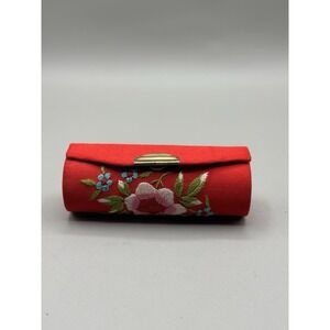 Metal Button Floral Chinese Embroidery True Red Lipstick Case‎ + Mirror